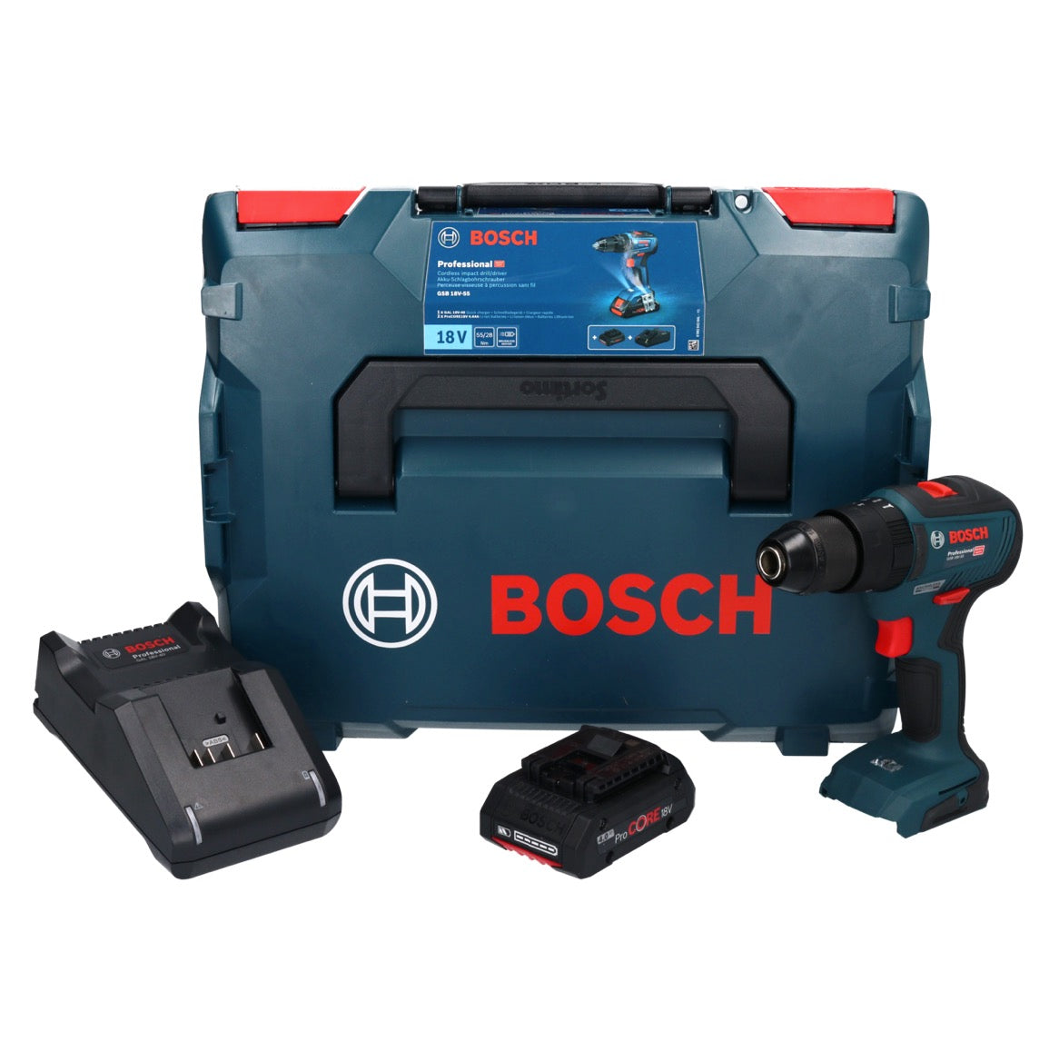 Bosch GSB 18V-55 Professional Akku Schlagbohrschrauber 18 V 55 Nm Brushless + 1x ProCORE Akku 4,0 Ah + Ladegerät + L-Boxx