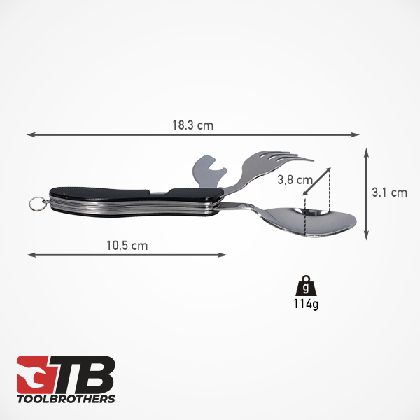 Toolbrothers 4 in 1 Multifunktions - Besteck Set in schwarz aus Löffel, Messer, Gabel, Flaschenöffner Campingausrüstung, faltbar, leicht zu reinigen - Toolbrothers