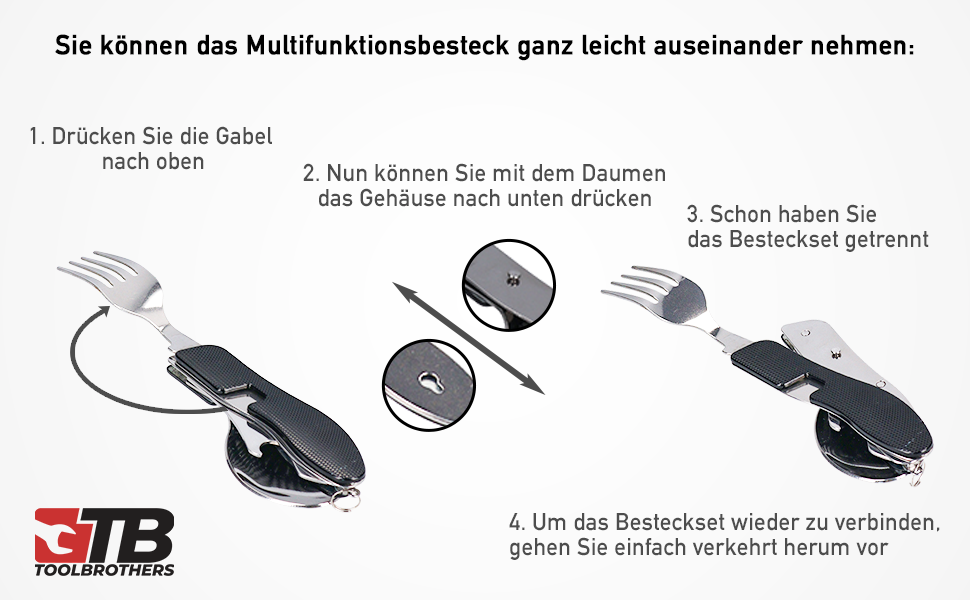 Toolbrothers 4 in 1 Multifunktions - Besteck Set in schwarz aus Löffel, Messer, Gabel, Flaschenöffner Campingausrüstung, faltbar, leicht zu reinigen - Toolbrothers