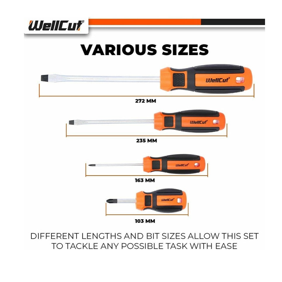 WellCut magnetisches Schraubendreher-Set, 8-teilig, Kreuzschlitz-Schlitz-Werkzeug-Bit, Chrom-Vanadium-Stahl, mit weichen Soft-Grip-Griffen ( WC-SD8 )