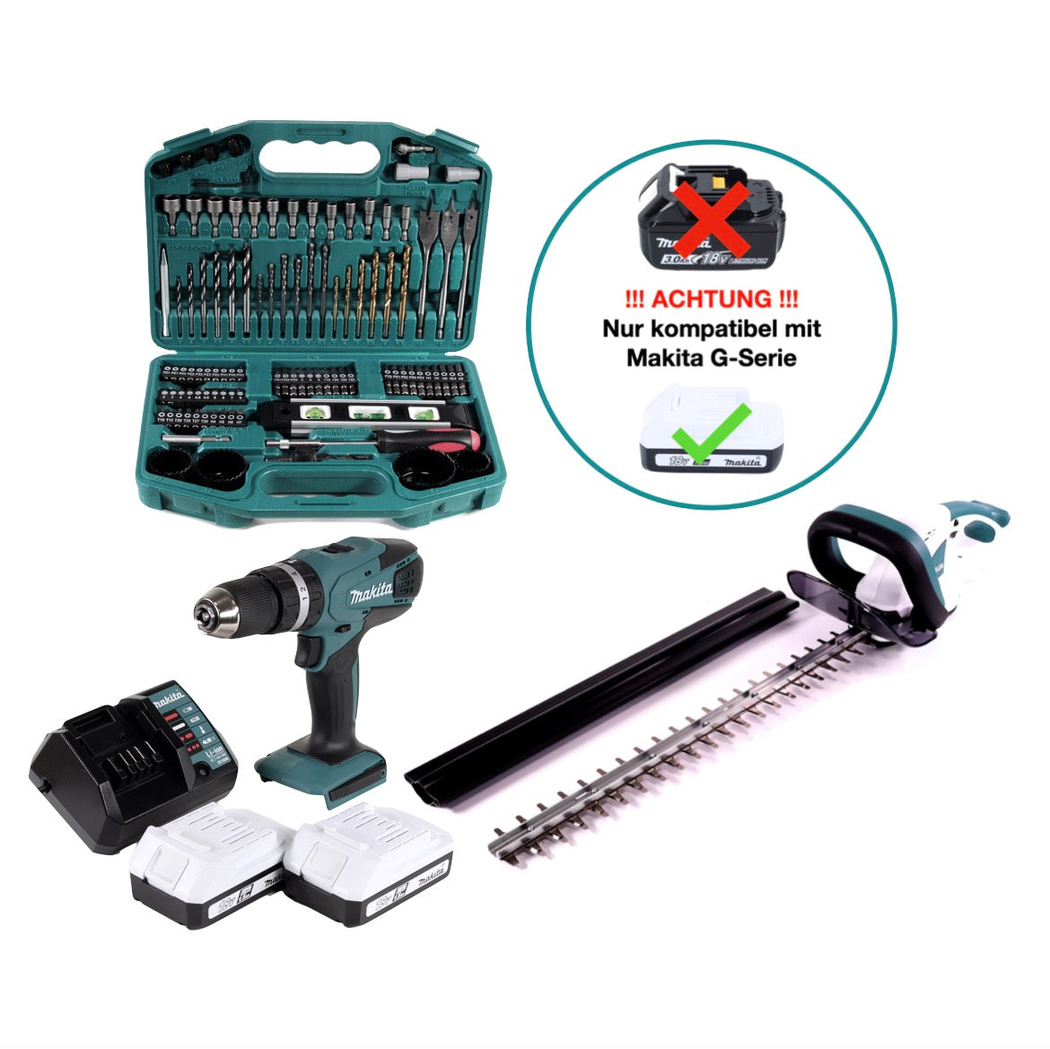 Makita HP 457 DWE perceuse à percussion sans fil 18 V + taille-haie sans fil UH 522 DZ 18 V 52 cm (série G) + 2 batteries 1,5 Ah + chargeur + set de 74 pièces