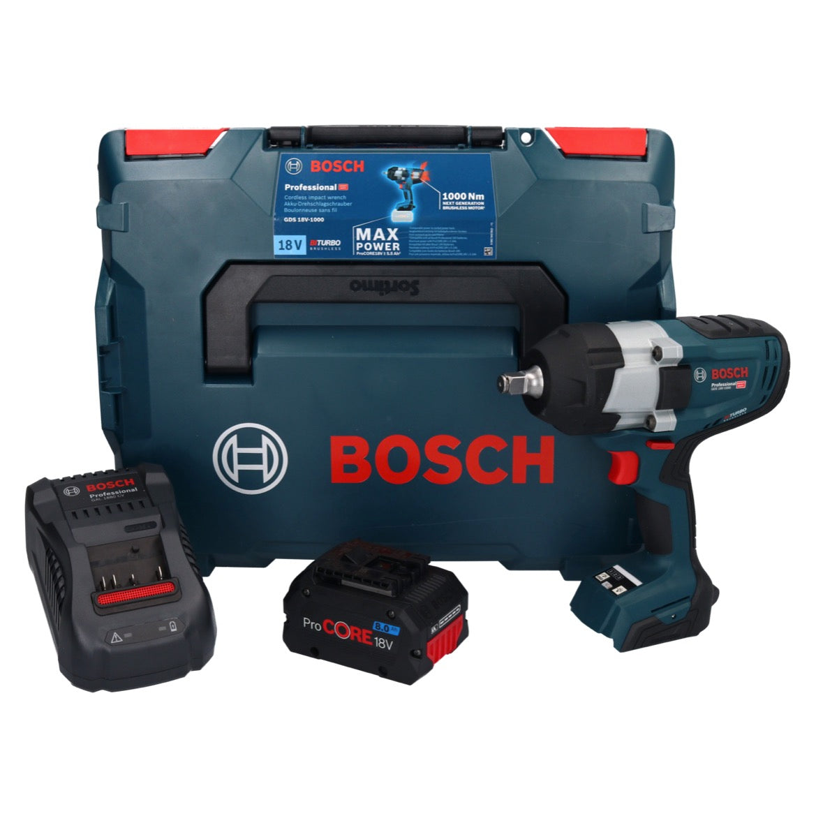 Bosch GDS 18V-1000 Professional Akku Drehschlagschrauber 18 V 1000 Nm BITURBO Brushless + 1x ProCORE Akku 8,0 Ah + Ladegerät + L-Boxx