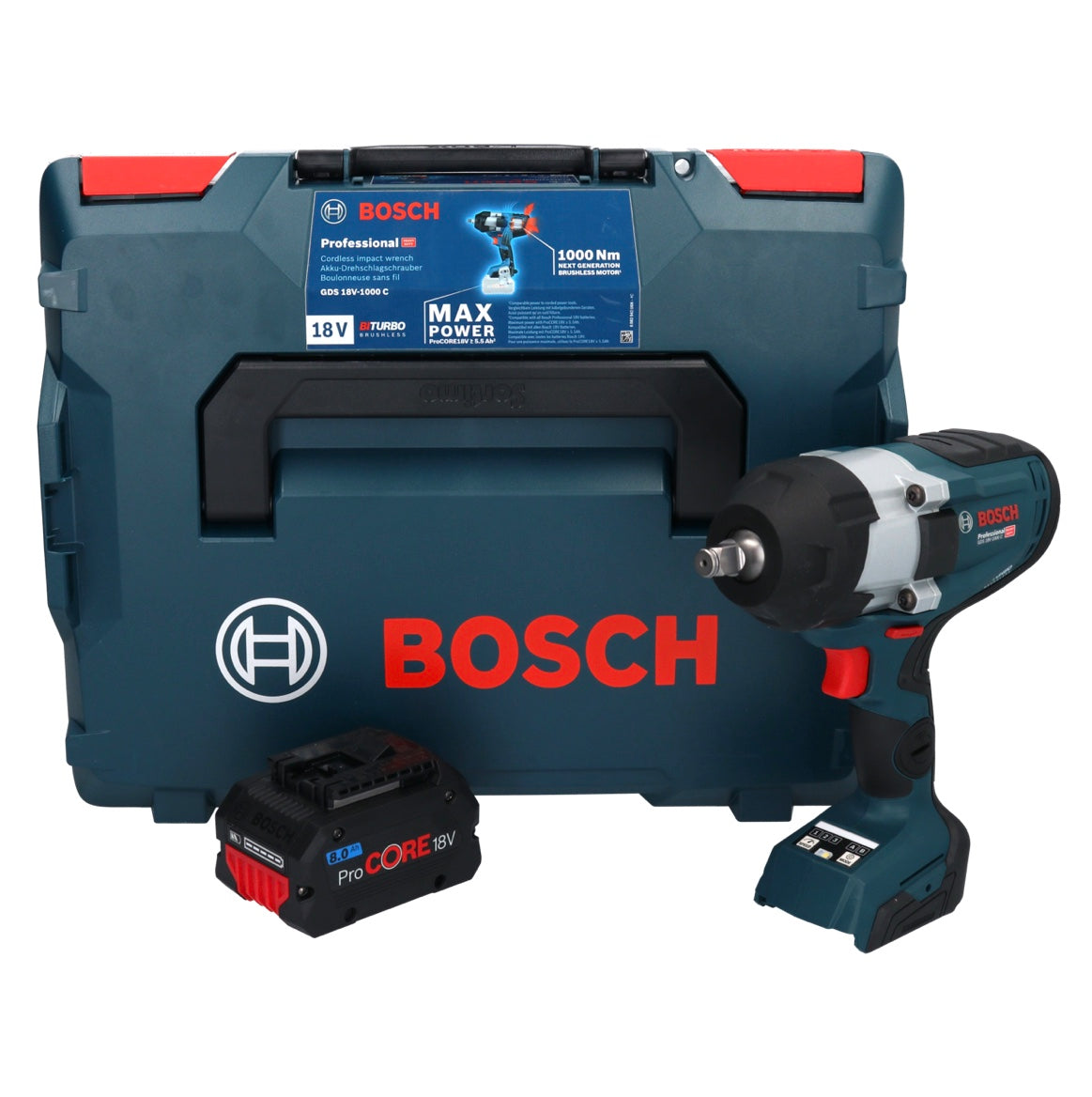 Bosch GDS 18V-1000 C Professional Clé à chocs rotative sans fil 18 V 1000 Nm BITURBO brushless + 1x batterie ProCORE 8,0 Ah + module Bluetooth GCY 42 + L-Boxx - sans chargeur