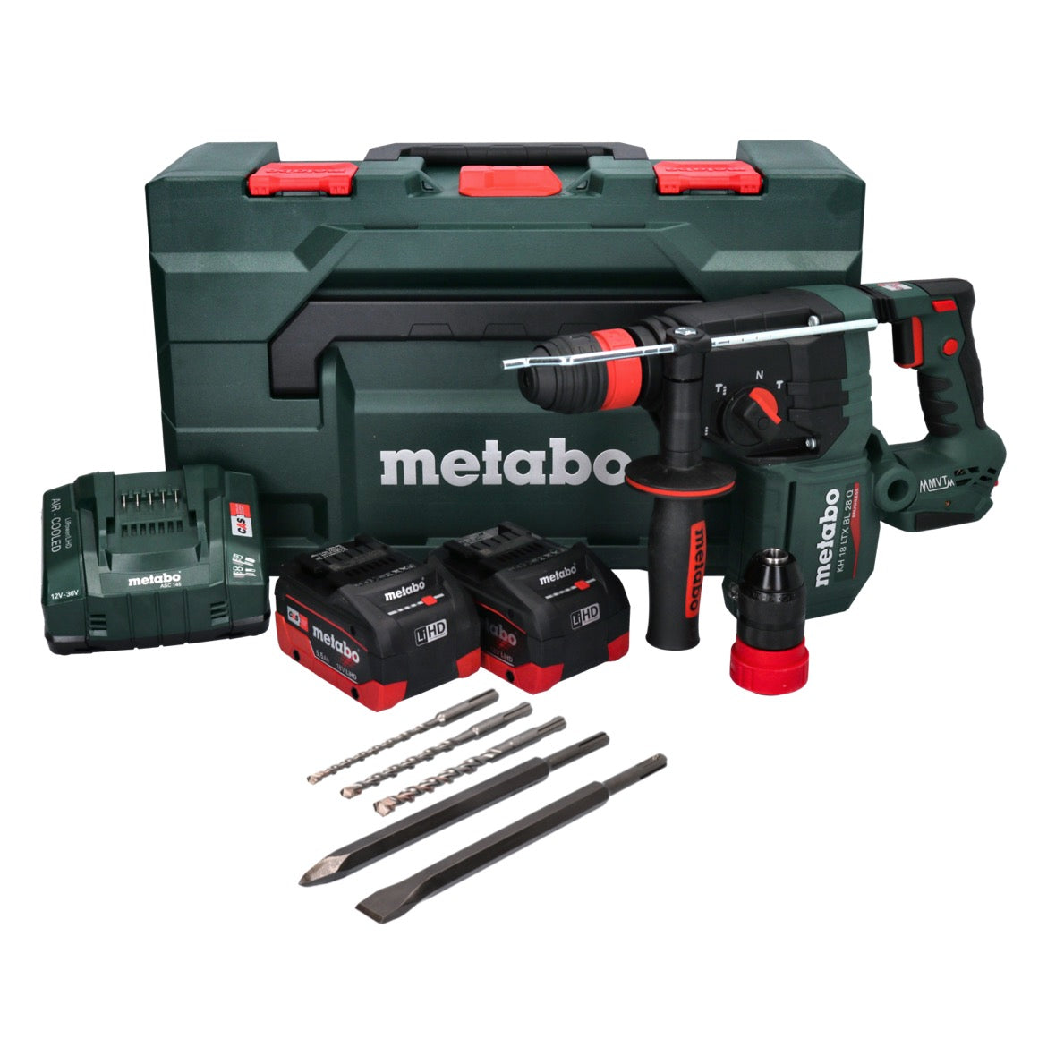 Metabo KH 18 LTX BL 28 Q Akku Bohrhammer 18 V 3 J SDS plus Brushless + 2x Akku 5,5 Ah + Ladegerät + 5 tlg. Bohrer Meißel Set + metaBOX