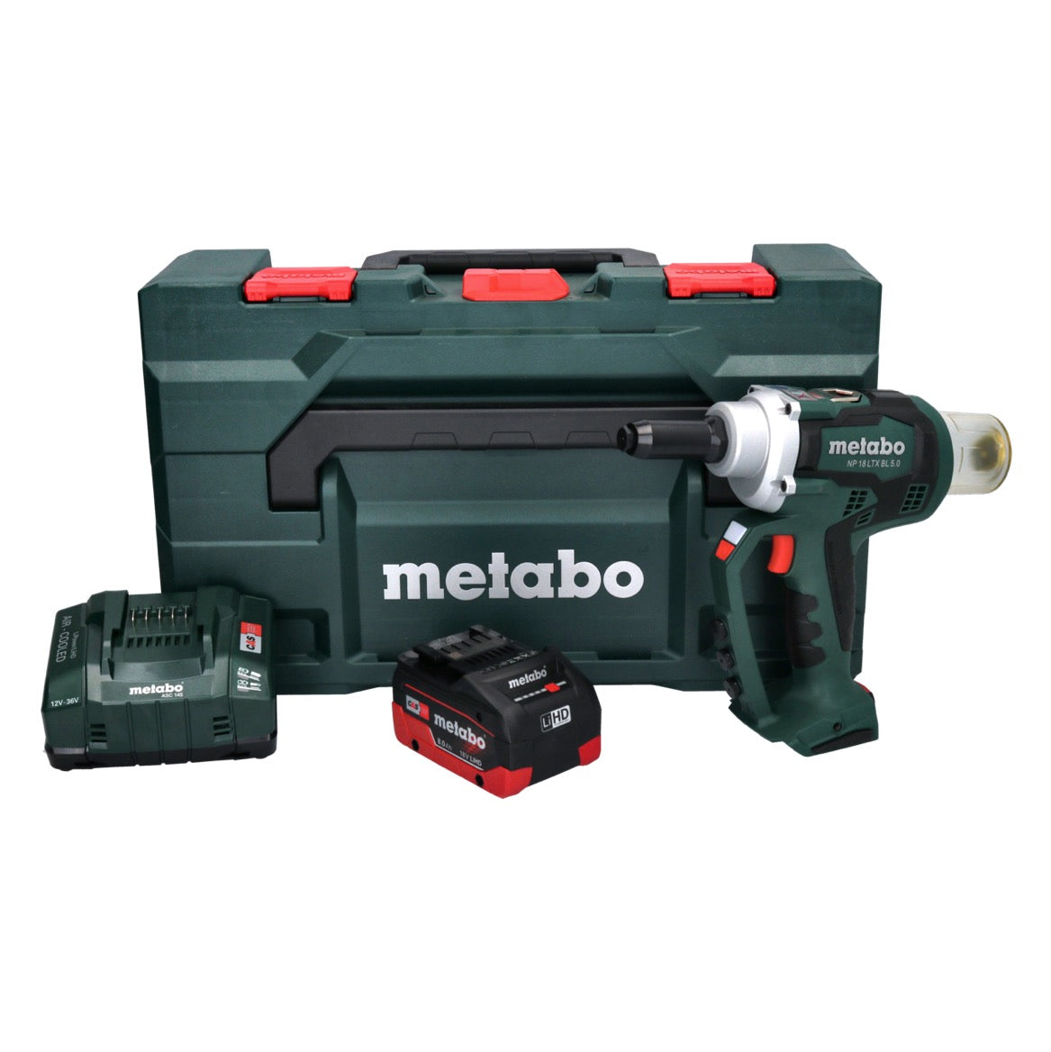 Pistolet à riveter aveugle sur batterie Metabo NP 18 LTX BL 5.0 18 V 10 kN sans balais + 1 batterie 8,0 Ah + chargeur + métaBOX