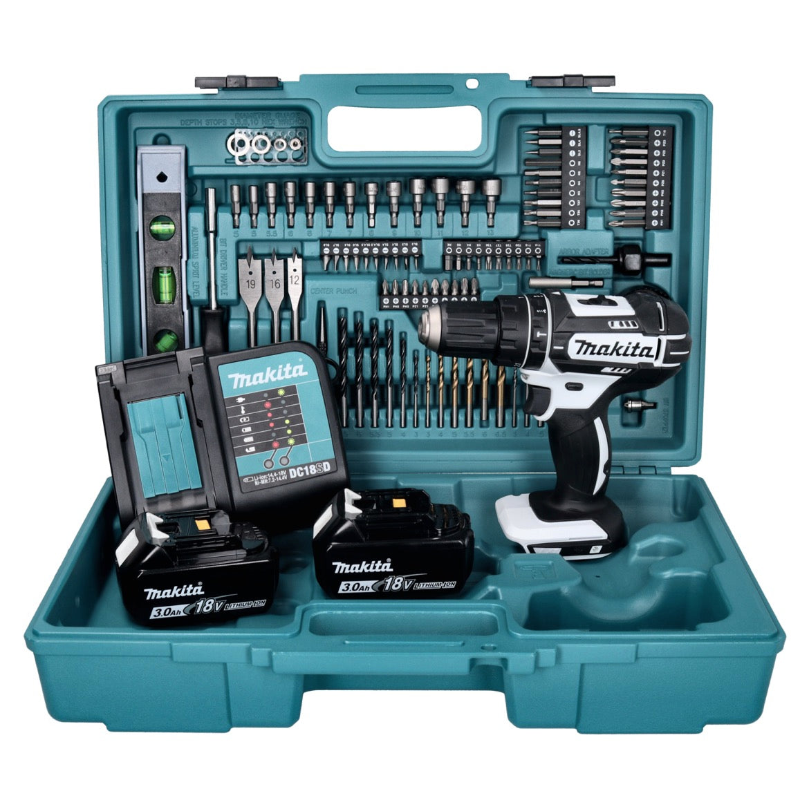 Makita DHP 482 SF2X5W Akku Schlagbohrschrauber 18 V 62 Nm weiß + 2x Akku 3,0 Ah + Ladegerät + 101 tlg. Zubehör Set + Koffer - Toolbrothers