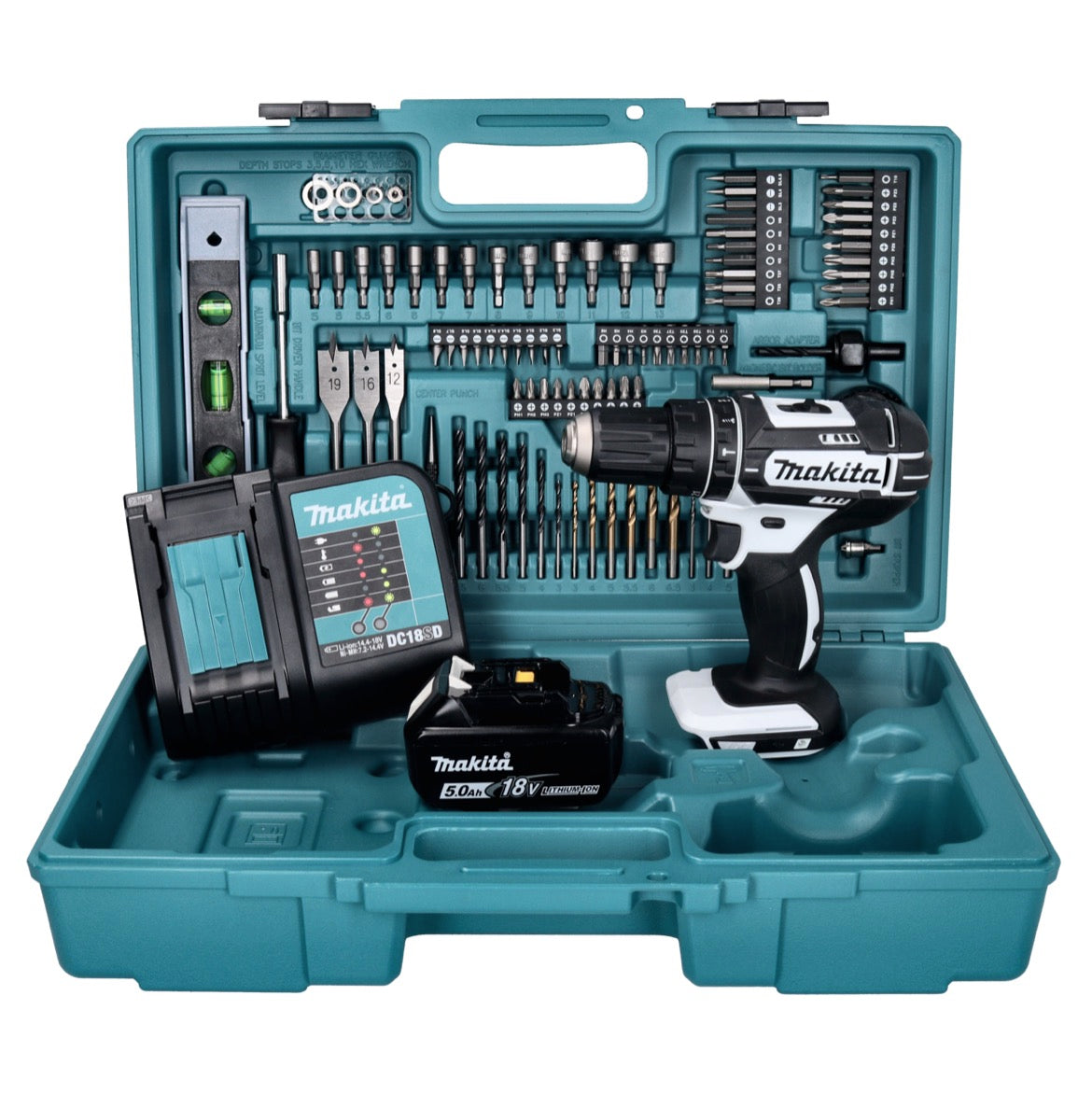 Makita DHP 482 STX5W Akku Schlagbohrschrauber 18 V 62 Nm weiß + 1x Akku 5,0 Ah + Ladegerät + 101 tlg. Zubehör Set + Koffer - Toolbrothers