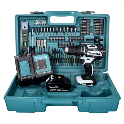 Makita DHP 482 SGX5W Akku Schlagbohrschrauber 18 V 62 Nm weiß + 1x Akku 6,0 Ah + Ladegerät + 101 tlg. Zubehör Set + Koffer - Toolbrothers