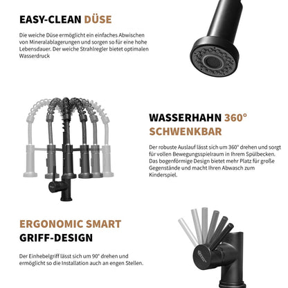 Rosenhahn & Söhne Sylt 200 Küchenarmatur mit Brause- 360° drehbarer Wasserhahn Küche - Armatur Küche [schwarz] - 2-fach verstellbare Spültischarmatur - Brause & Strahl - Anschlussschläuche - Toolbrothers