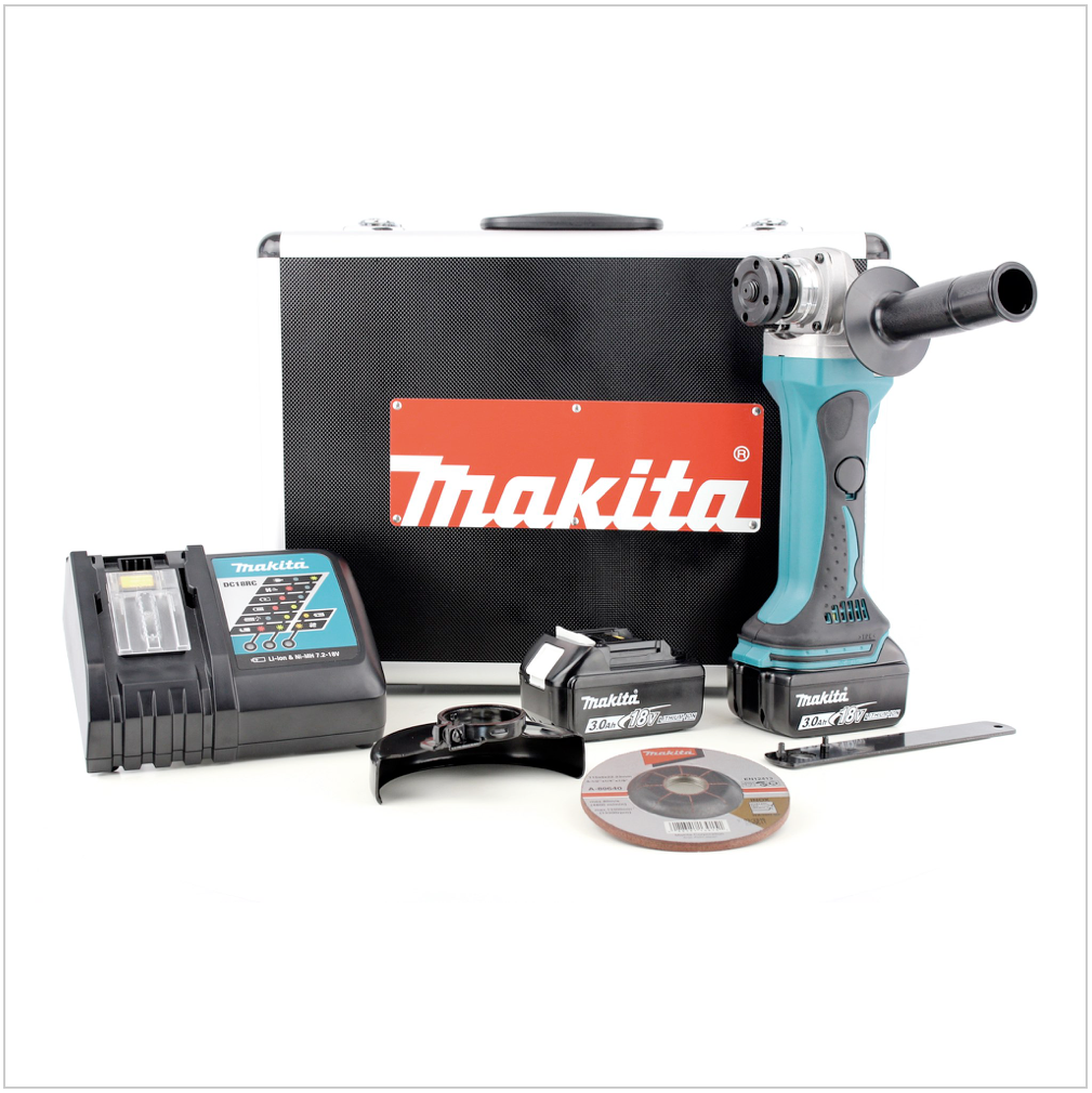 Makita BGA 452 RFE 18 V Li-ion 115 mm Akku-Winkelschleifer: 2x Akku BL1830 B +  Ladegerät DC18RC +  Koffer - Toolbrothers