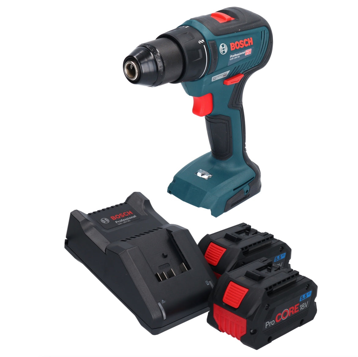 Bosch GSR 18V-55 Professional Akku Bohrschrauber 18 V 55 Nm Brushless + 2x ProCORE Akku 5,5 Ah + Ladegerät