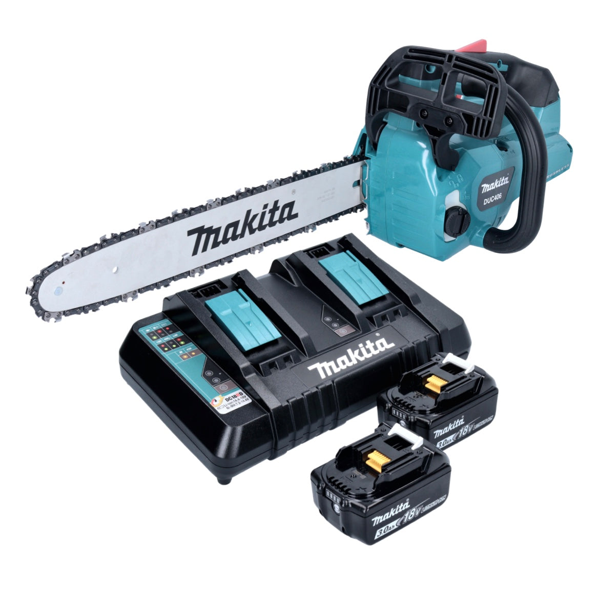 Makita DUC 406 PFB Akku Kettensäge 36 V ( 2x 18 V ) 40 cm Brushless + 2x Akku 3,0 Ah + Doppelladegerät