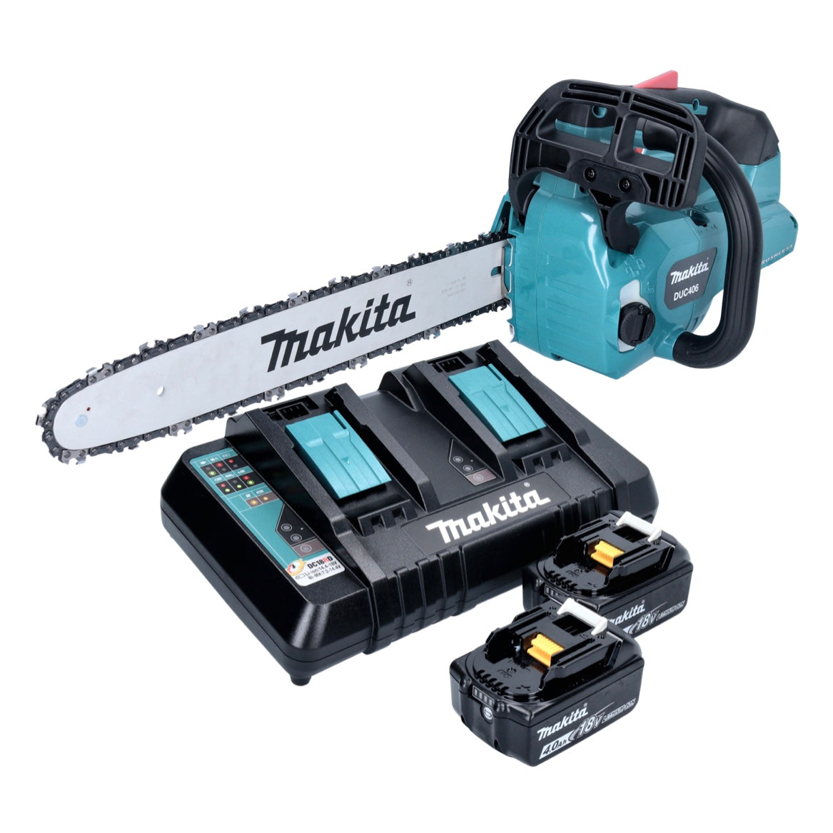 Makita DUC 406 PMB Akku Kettensäge 36 V ( 2x 18 V ) 40 cm Brushless + 2x Akku 4,0 Ah + Doppelladegerät