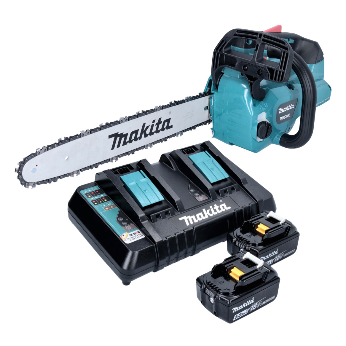 Makita DUC 406 PTB Akku Kettensäge 36 V ( 2x 18 V ) 40 cm Brushless + 2x Akku 5,0 Ah + Doppelladegerät