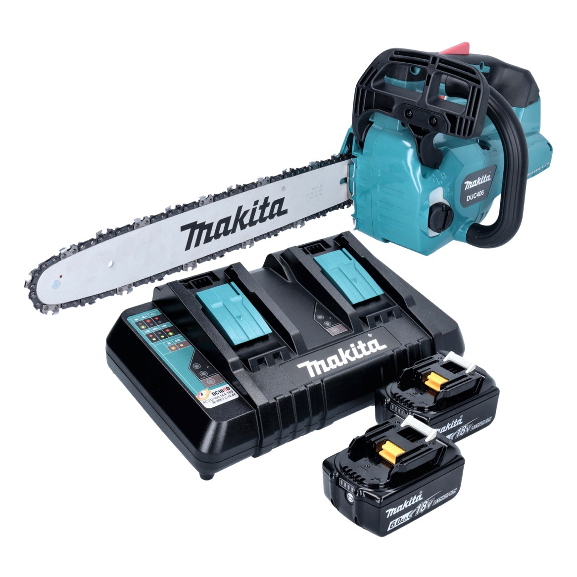 Tronçonneuse à batterie Makita DUC 406 PGB 36 V (2x 18 V) 40 cm sans balais + 2x batterie 6,0 Ah + double chargeur