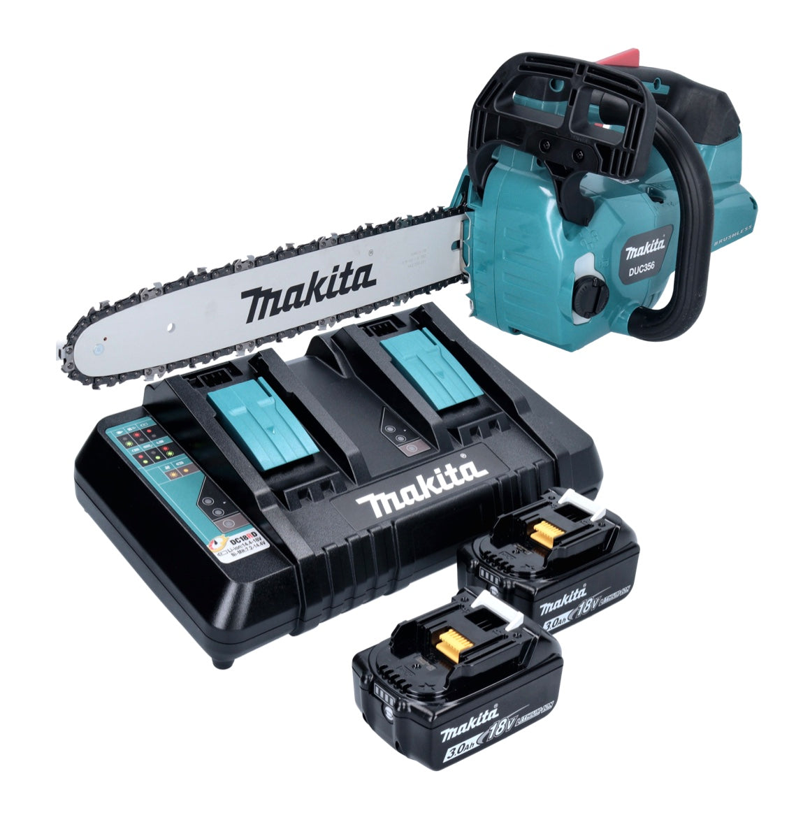 Makita DUC 356 PFB Akku Kettensäge 36 V ( 2x 18 V ) 35 cm Brushless + 2x Akku 3,0 Ah + Doppelladegerät