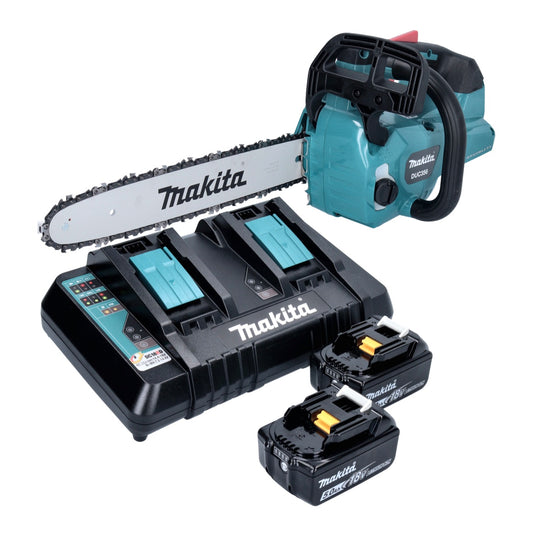 Makita DUC 356 PTB Akku Kettensäge 36 V ( 2x 18 V ) 35 cm Brushless + 2x Akku 5,0 Ah + Doppelladegerät