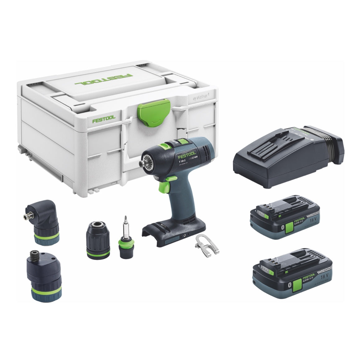 Festool T 18+3 HPC 4.0 I-Set perceuse-visseuse sans fil 18 V 50 Nm sans balais (576989) + 2x batterie 4,0 Ah + chargeur + accessoire excentrique + accessoire d'angle + systainer