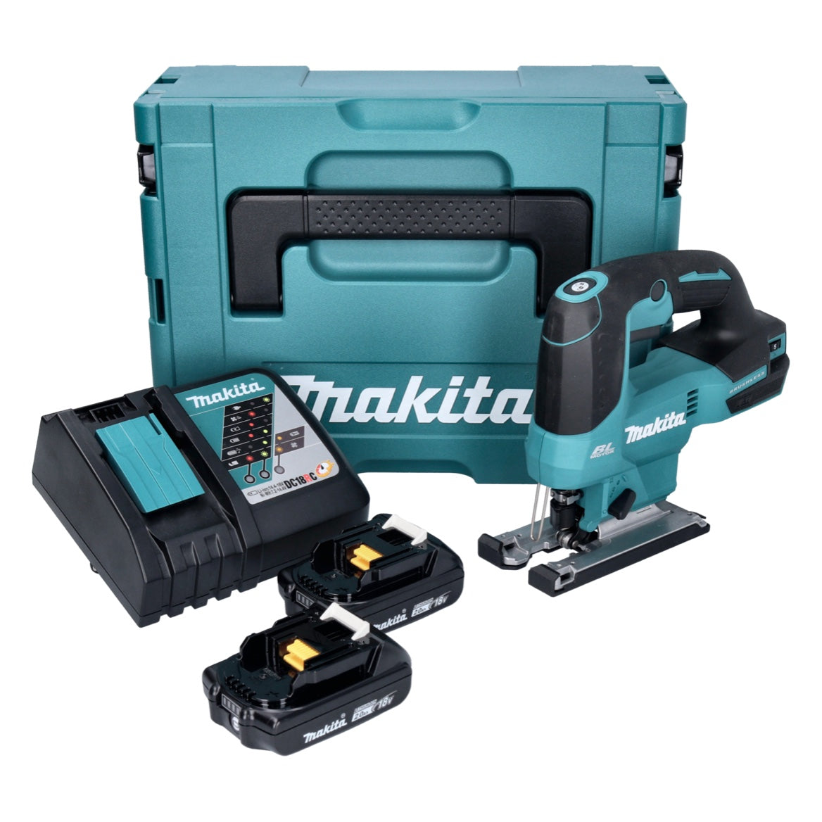 Makita DJV 184 RAJ scie sauteuse pendulaire sans balais à batterie 18 V + 2x batteries 2,0 Ah + chargeur + Makpac