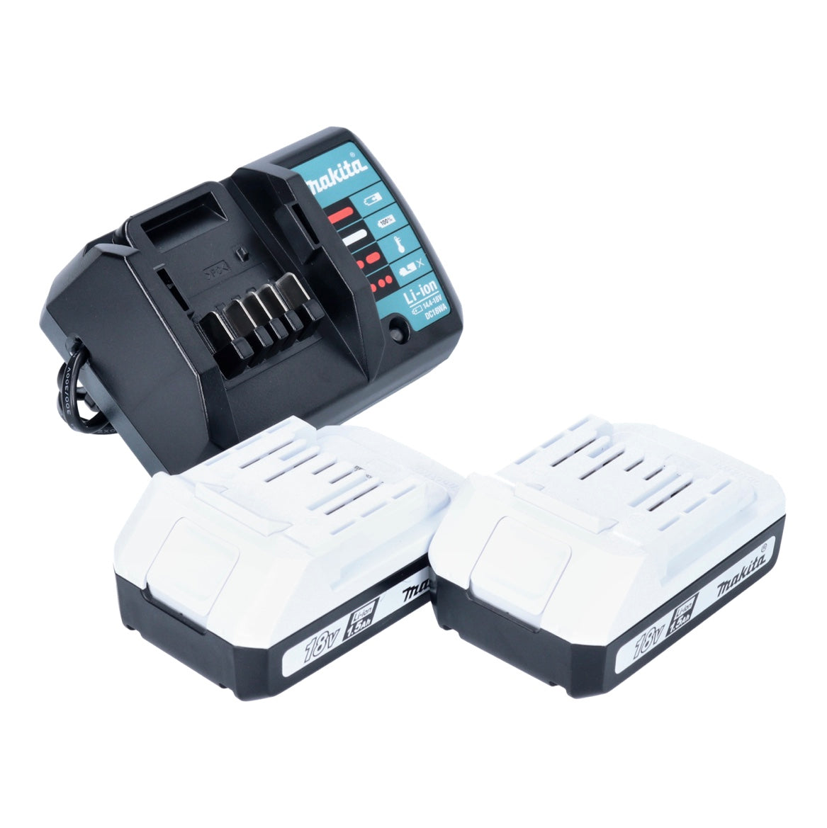 Coupe-bordure sur batterie Makita UR 180 DZ 18 V 260 mm série G + perceuse à percussion sur batterie HP 457 DWE10 18 V 42 Nm + 2 batteries 1,5 Ah + chargeur + jeu de 74 embouts de forage