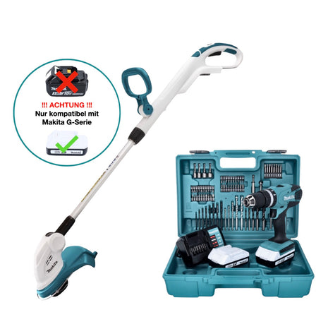 Coupe-bordure sur batterie Makita UR 180 DZ 18 V 260 mm série G + perceuse à percussion sur batterie HP 457 DWE10 18 V 42 Nm + 2 batteries 1,5 Ah + chargeur + jeu de 74 embouts de forage