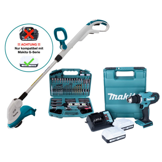 Makita DF 488 DWE10 perceuse-visseuse sans fil 18 V 42 Nm série G + coupe-herbe sans fil Makita UR 180 DZ + 2 batteries 1,5 Ah + chargeur + jeu de 101 embouts + mallette