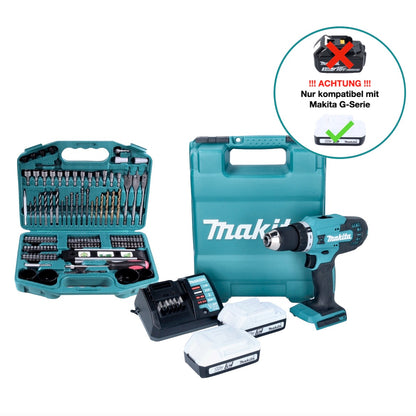 Makita DF 488 DWE10 perceuse-visseuse sans fil 18 V 42 Nm série G + 2 batteries 1,5 Ah + chargeur + jeu de 101 embouts + mallette