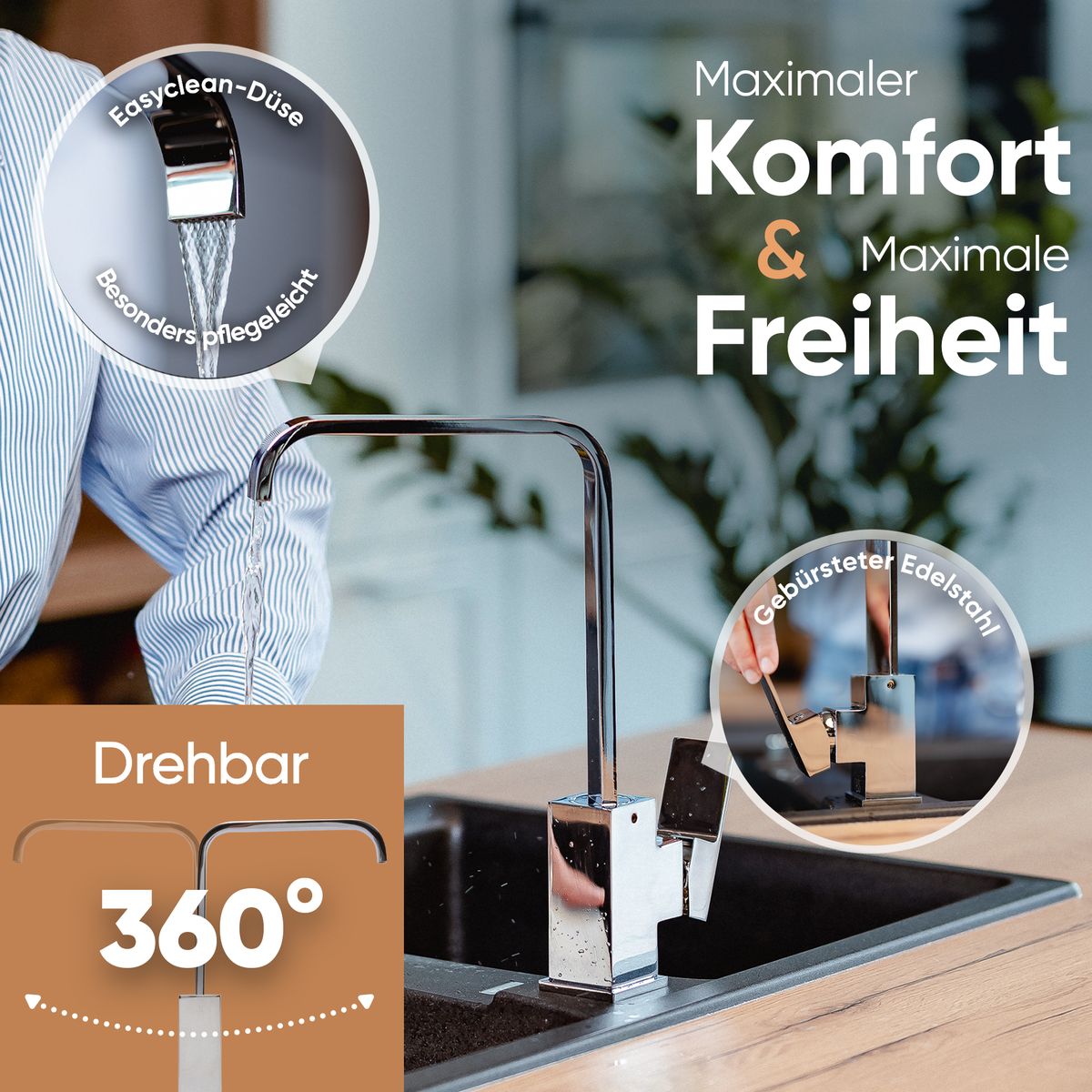 Rosenhahn & Söhne Juist 200 Küchenarmatur 360° Drehbarer Wasserhahn Küche - Armatur Küche [Chrom] - 2-fach verstellbare Spültischarmatur + Anschlussschläuche - Toolbrothers