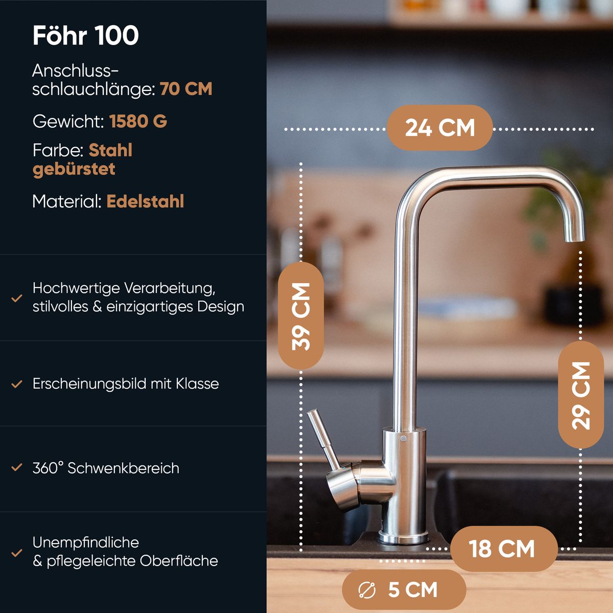 Rosenhahn & Söhne Föhr 100 Küchenarmatur 360° drehbarer Wasserhahn Küche - Armatur Küche [gebürsteter Edelstahl] - 2-fach verstellbare Spültischarmatur + Anschlussschläuche - Toolbrothers