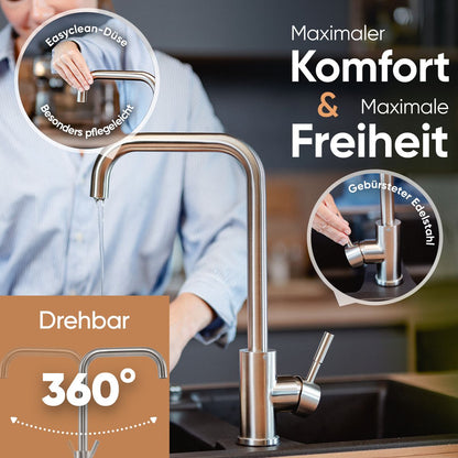 Rosenhahn & Söhne Föhr 100 Küchenarmatur 360° drehbarer Wasserhahn Küche - Armatur Küche [gebürsteter Edelstahl] - 2-fach verstellbare Spültischarmatur + Anschlussschläuche - Toolbrothers