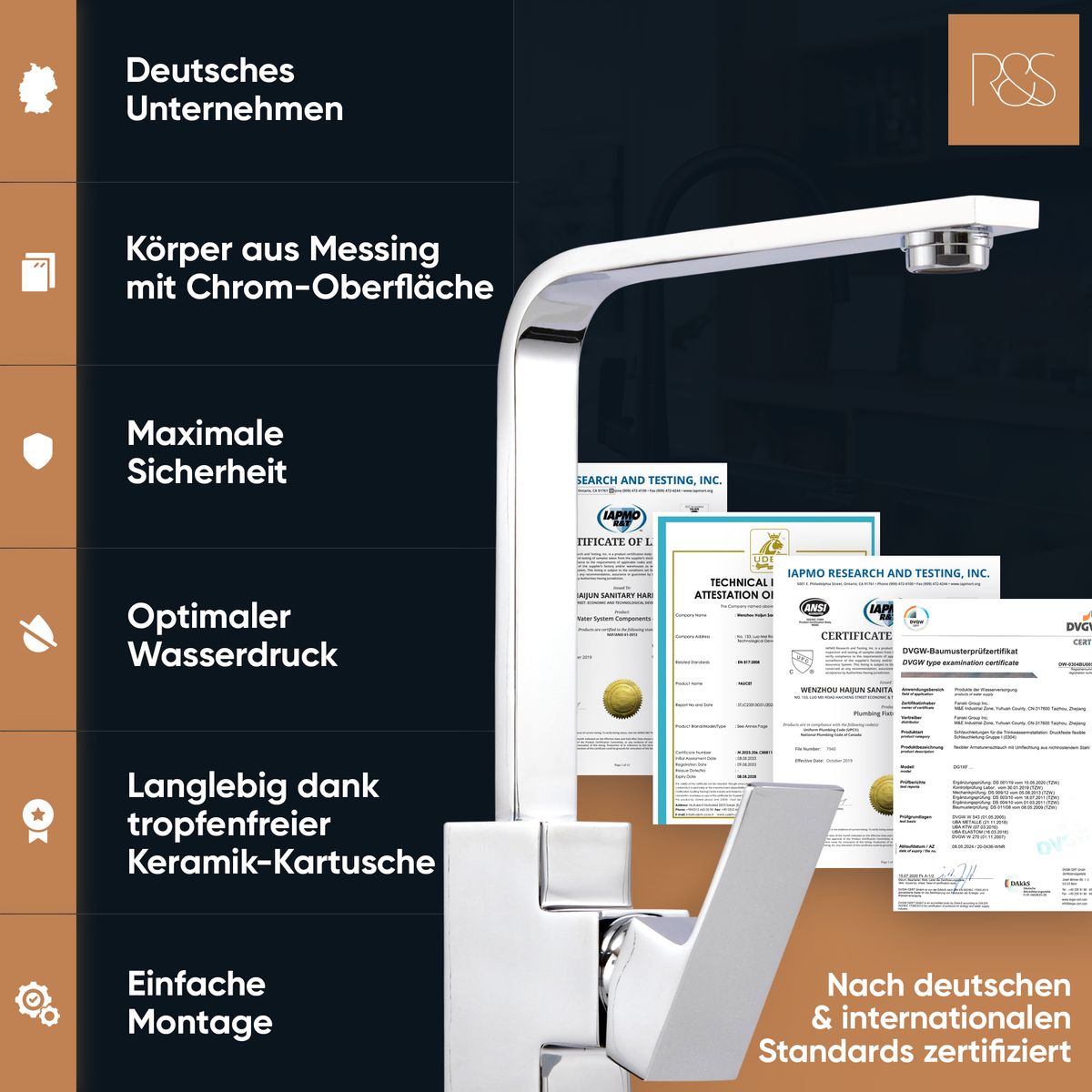 Rosenhahn & Söhne Juist 100 Küchenarmatur 360° Drehbarer Wasserhahn Küche - Armatur Küche [Chrom] - 2-fach verstellbare Spültischarmatur + Anschlussschläuche - Toolbrothers