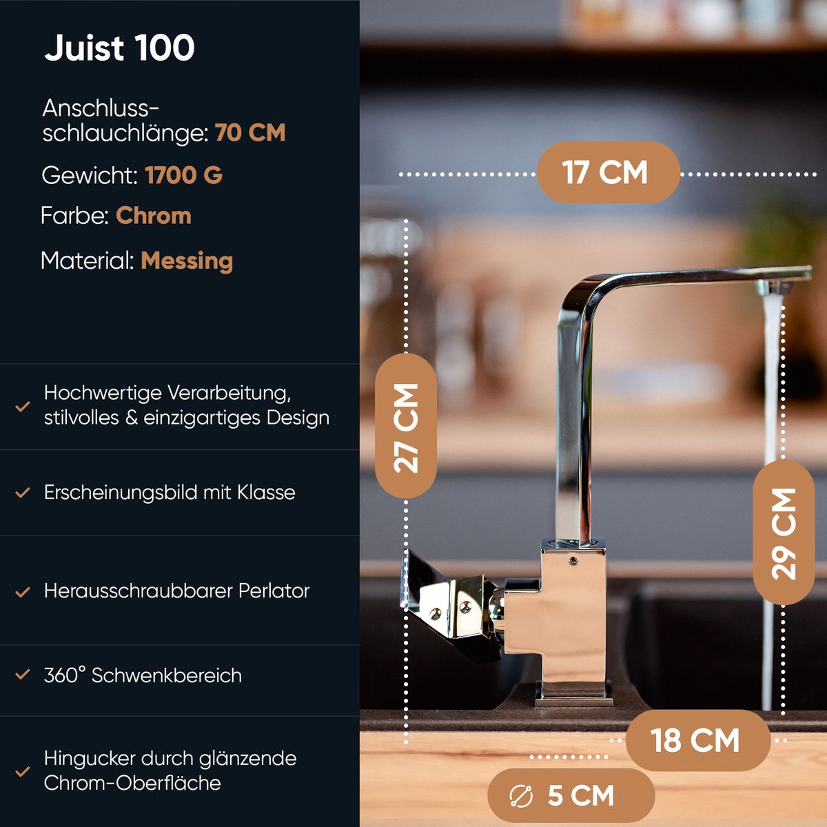 Rosenhahn & Söhne Juist 100 Küchenarmatur 360° Drehbarer Wasserhahn Küche - Armatur Küche [Chrom] - 2-fach verstellbare Spültischarmatur + Anschlussschläuche - Toolbrothers