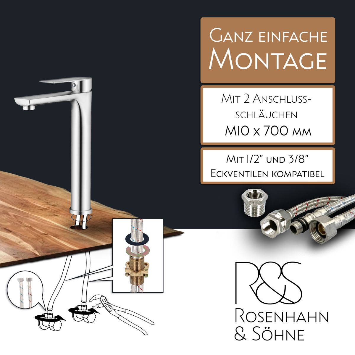 Rosenhahn & Söhne Poel L Design Badarmatur Wasserhahn Badezimmer - Armatur Bad [Chrom] - Heiß + Kalt Waschtischarmatur + Anschlussschläuche - Toolbrothers