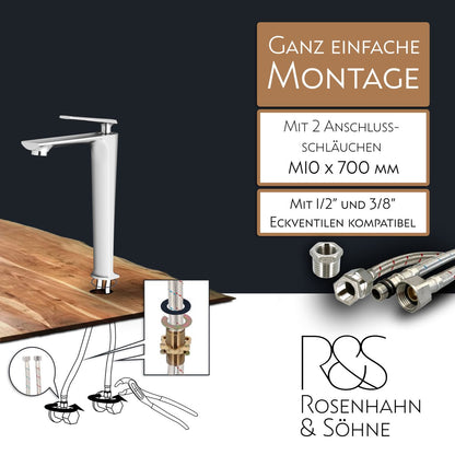 Rosenhahn & Söhne Vilm L Design Badarmatur Wasserhahn Badezimmer - Armatur Bad [Chrom] - Heiß + Kalt Waschtischarmatur + Anschlussschläuche - Toolbrothers