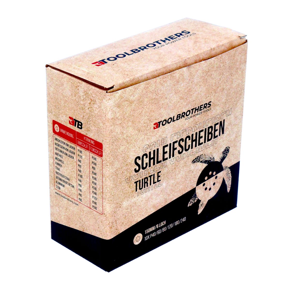 Toolbrothers TURTLE Schleifset 150 mm Klett 6 Loch je 10x P40 / P60 / P80 / P120 / P180 / 240 für Hartholz, Weichholz, Lack, Stein, Stahl, Aluminium, Furnier - Toolbrothers