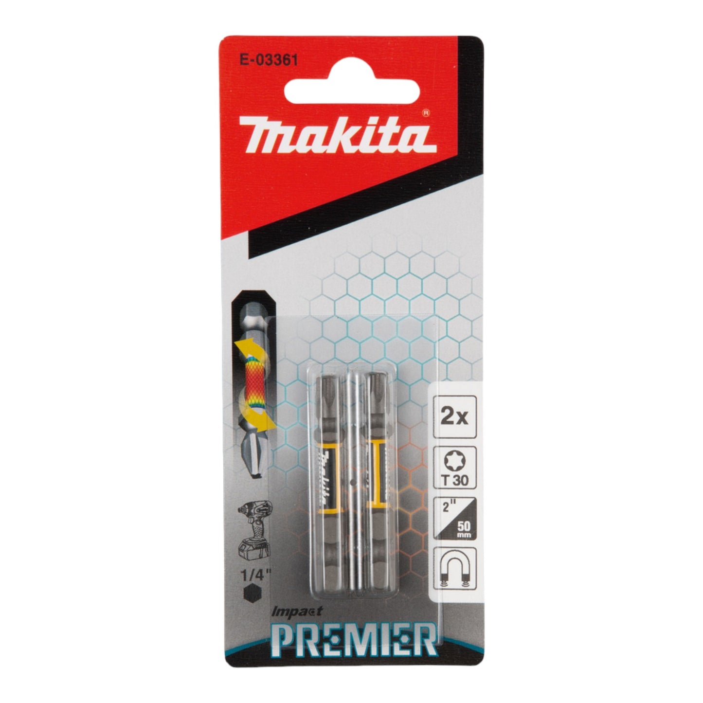 Makita Impact Premier Embout de Torsion Douille Hexagonale 1/4" T30 50 mm 2 pcs (E-03361)