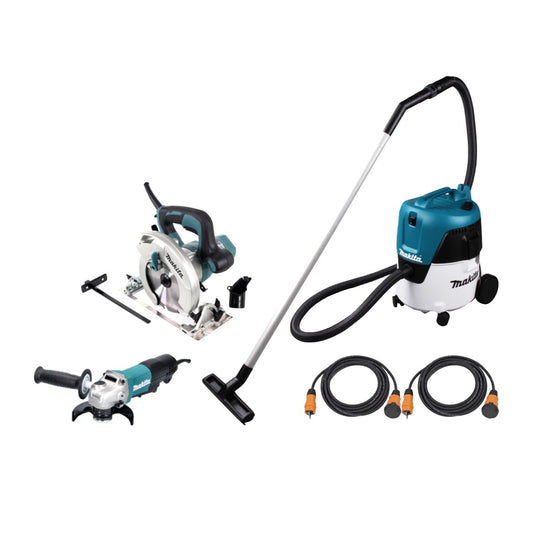 Meuleuse d'angle Makita GA 5050 R + scie circulaire électrique HS 6601 + aspirateur eau et poussière VC 2000 L + 2x rallonges