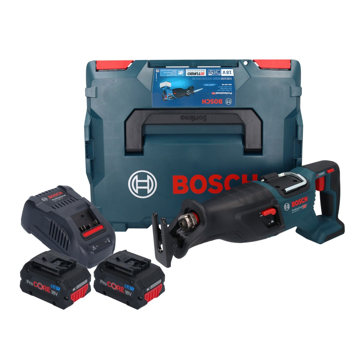 Bosch GSA 18V-28 Akku Säbelsäge 18 V BITURBO Brushless + 2x ProCORE Akku 8,0 Ah + Ladegerät + L-Boxx