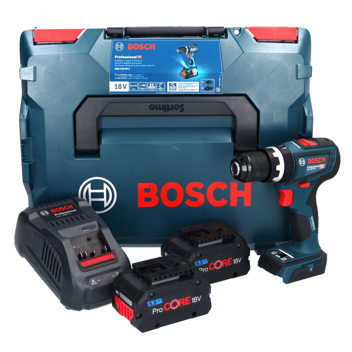 Bosch GSB 18V-90 C Professional Akku Schlagbohrschrauber 18 V 64 Nm Brushless + 2x ProCORE Akku 5,5 Ah + Ladegerät + L-Boxx - Toolbrothers