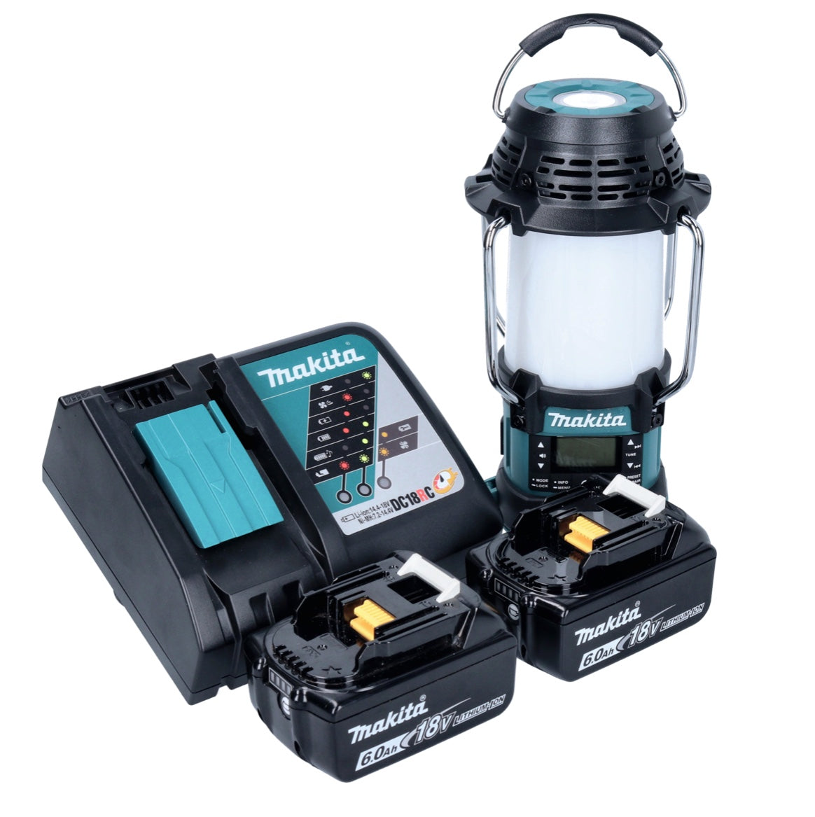 Makita DMR 056 RG Akku Radio 18 V FM DAB+ mit Laterne 360° Taschenlampe IP65 + 2x Akku 6,0 Ah + Ladegerät - Toolbrothers