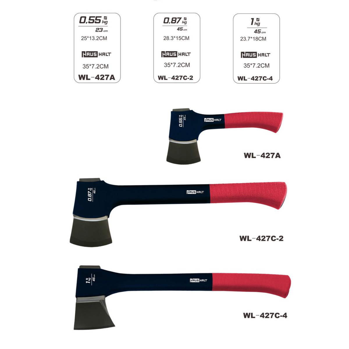 HAUSHALT Axt HH-427E, 710 mm, 1,5 kg, blau, Kopf aus rostfreiem Stahl, mit rutschfesten gummierten Griff in Rot ( 000051405555 ) - Toolbrothers