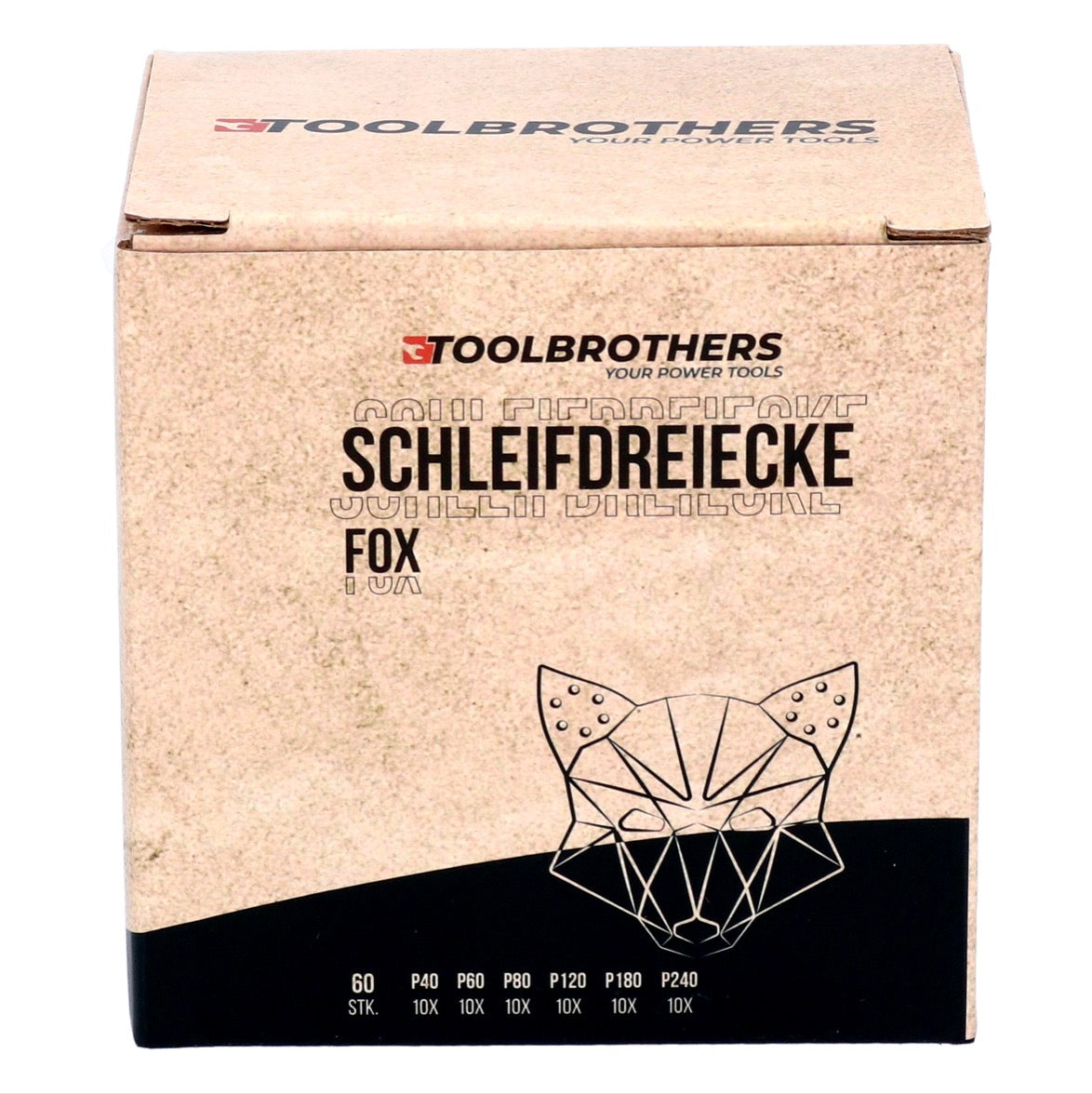 Toolbrothers FOX Schleifset Delta Schleifdreiecke 93 x 93 x 93 mm Klett 6 Loch je 10x P40 / P60 / P80 / P120 / P180 / P240 für Hartholz, Weichholz, Lack, Stein, Stahl, Aluminium, Furnier - Toolbrothers