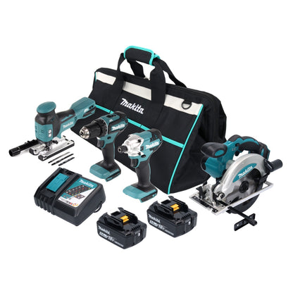 Makita DLX 4163 TX1 Akku Kombo Kit 18 V DDF 485 + DJV 181 + DSS 610 + DTD 156 + 2x Akku 5,0 Ah + Ladegerät + Tasche