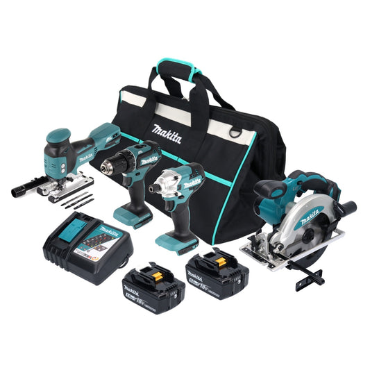 Kit combiné batterie Makita DLX 4163 TX1 18 V DDF 485 + DJV 181 + DSS 610 + DTD 156 + 2x batteries 5,0 Ah + chargeur + sac