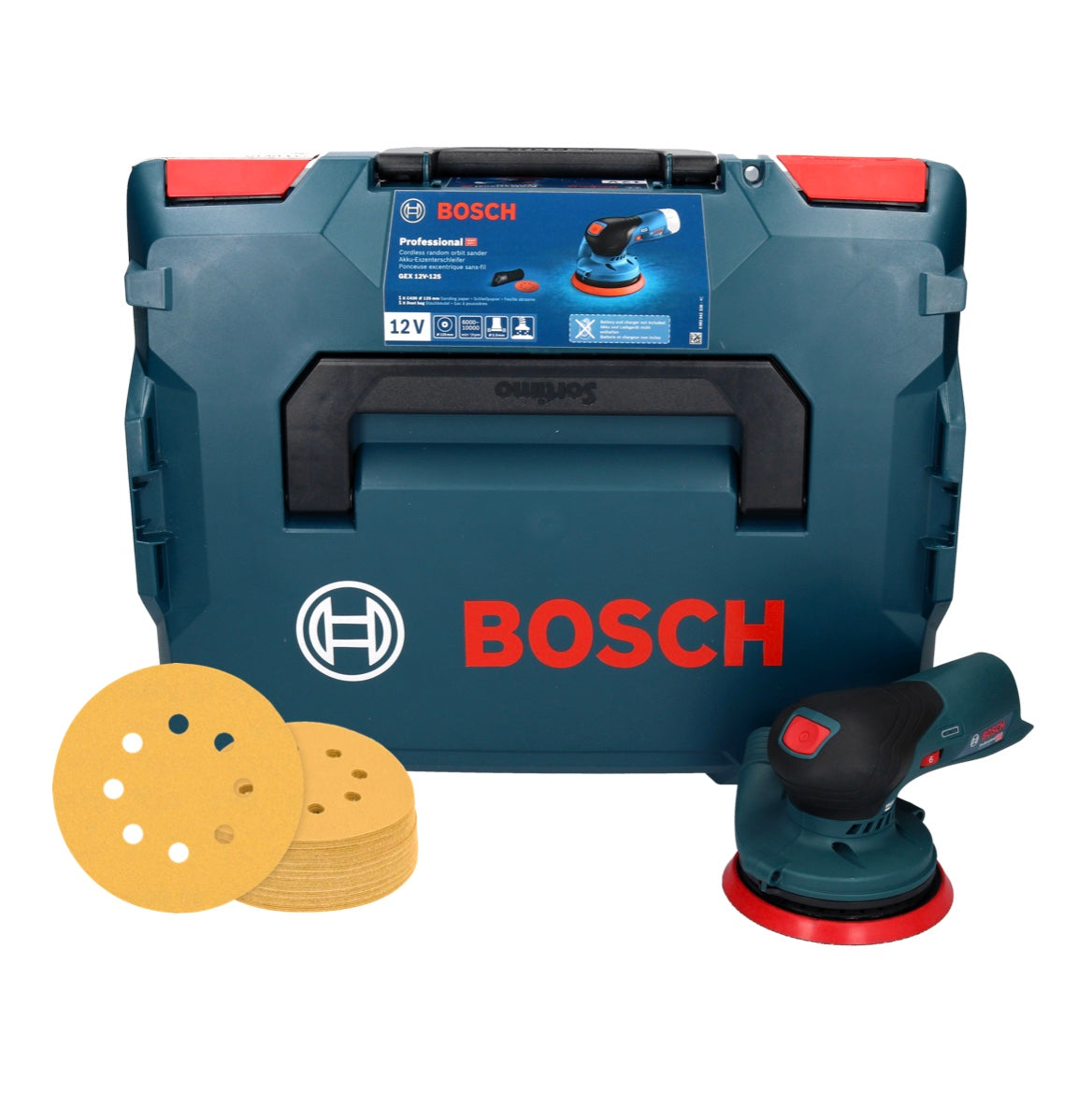 Bosch GEX 12V-125 Ponceuse excentrique sans fil professionnelle 12 V 125 mm sans balais + 50x papier abrasif EXPERT C470 K 120 + L-Boxx - sans batterie, sans chargeur