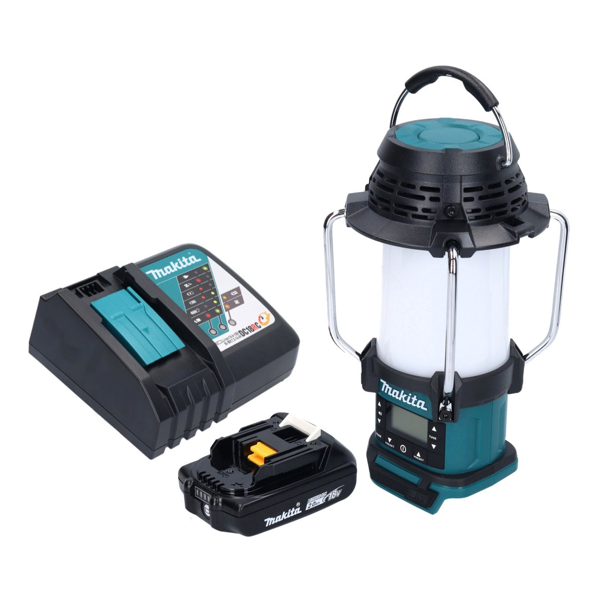 Makita DMR 055 RA1 Akku Radio 18 V FM mit Laterne 360° Taschenlampe + 1x Akku 2,0 Ah + Ladegerät