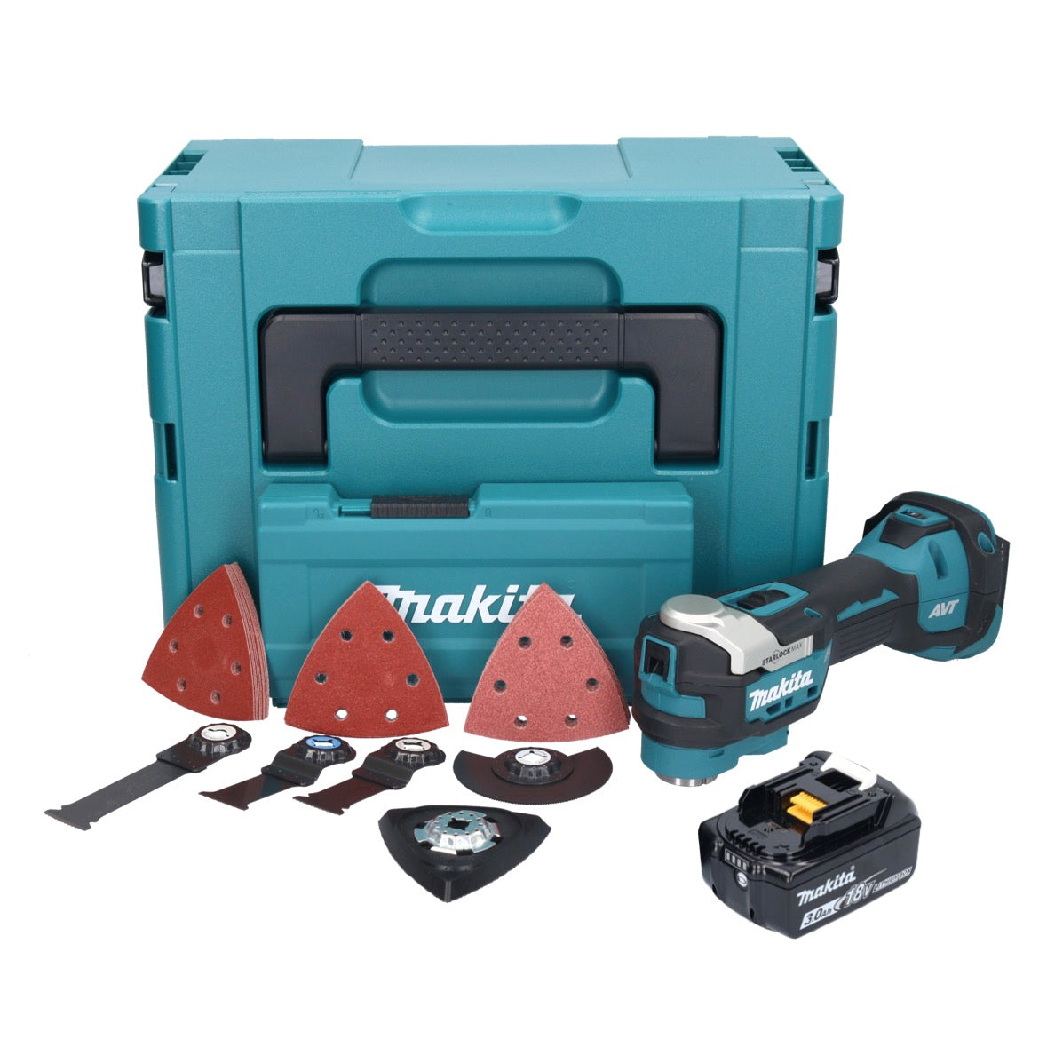 Makita DTM 52 F1JX4 Akku Multifunktionswerkzeug 18 V Starlock Max Brushless + 1x Akku 3,0 Ah + Zubehör Set + Makpac - ohne Ladegerät