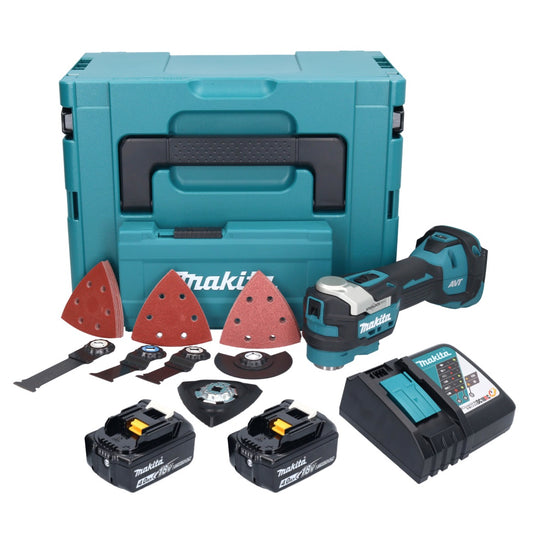Makita DTM 52 RMJX4 Akku Multifunktionswerkzeug 18 V Starlock Max Brushless + 2x Akku 4,0 Ah + Ladegerät + Zubehör Set + Makpac