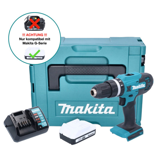 Makita HP 488 DWY1J perceuse à percussion sans fil 18 V 42 Nm série G + 1x batterie 1,5 Ah + chargeur + Makpac