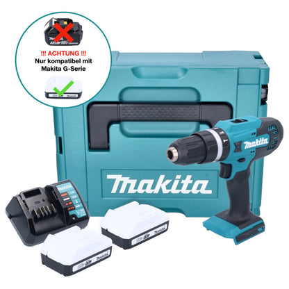 Makita HP 488 DWYJ perceuse à percussion sans fil 18 V 42 Nm série G + 2x batteries 1,5 Ah + chargeur + Makpac